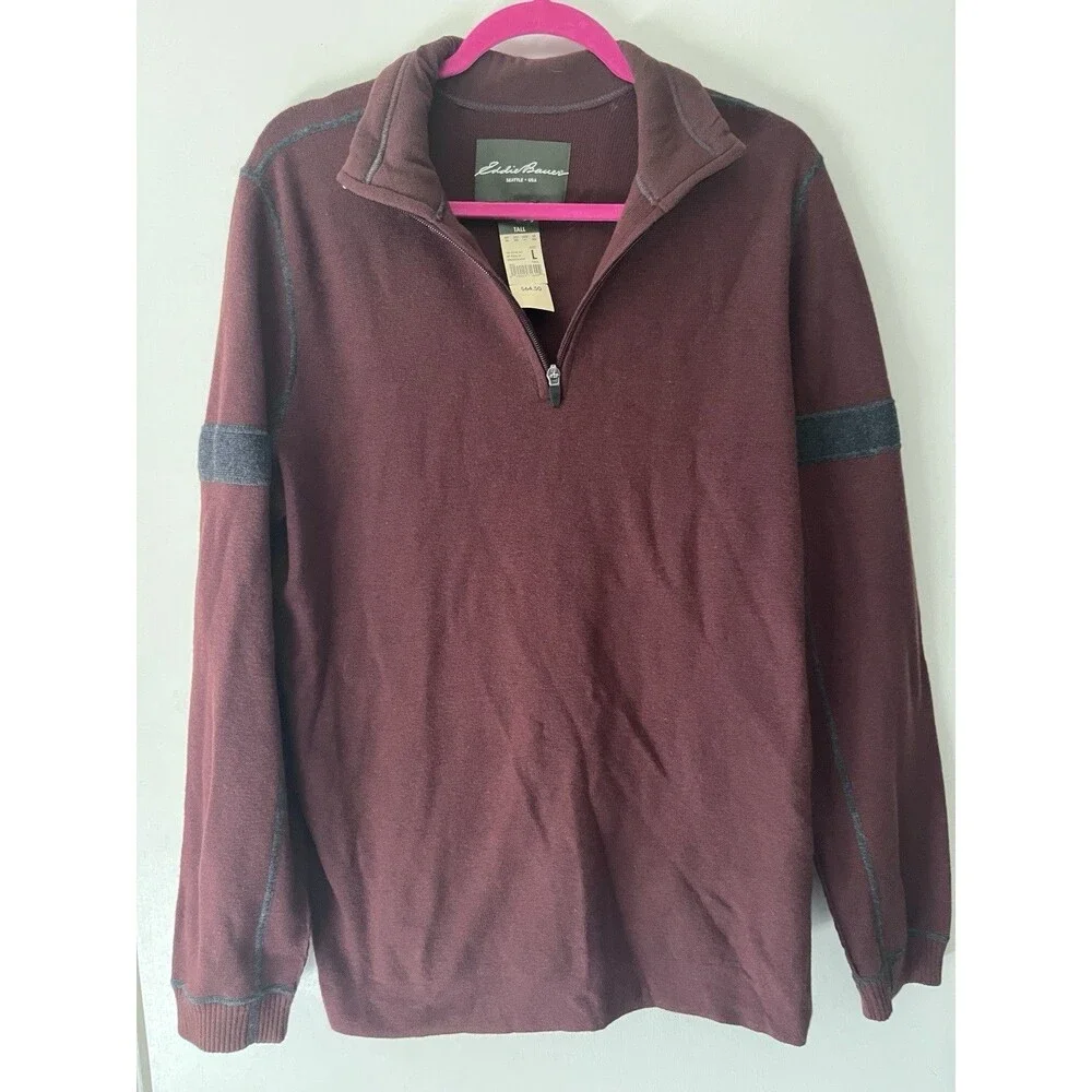NWT Eddie Bauer Men's Fleece Convector Half-Zip Sweater Sz L TALL Wine Mahogany - Picture 2 of 10